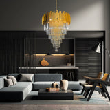 Luxury Modern Gold Crystal Chandelier with Tiered Glass Rods – Dimmable Hanging Light for Dining Room