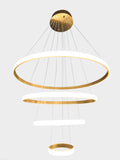 White background render of modern multi-ring LED gold chandelier