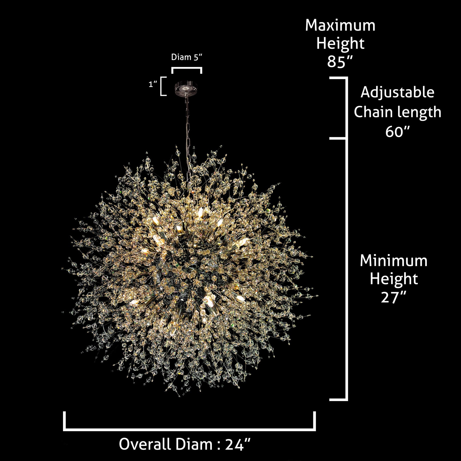  Dimensions of 24 inch chrome crystal starburst chandelier with adjustable chain