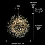  Dimensions of 24 inch chrome crystal starburst chandelier with adjustable chain
