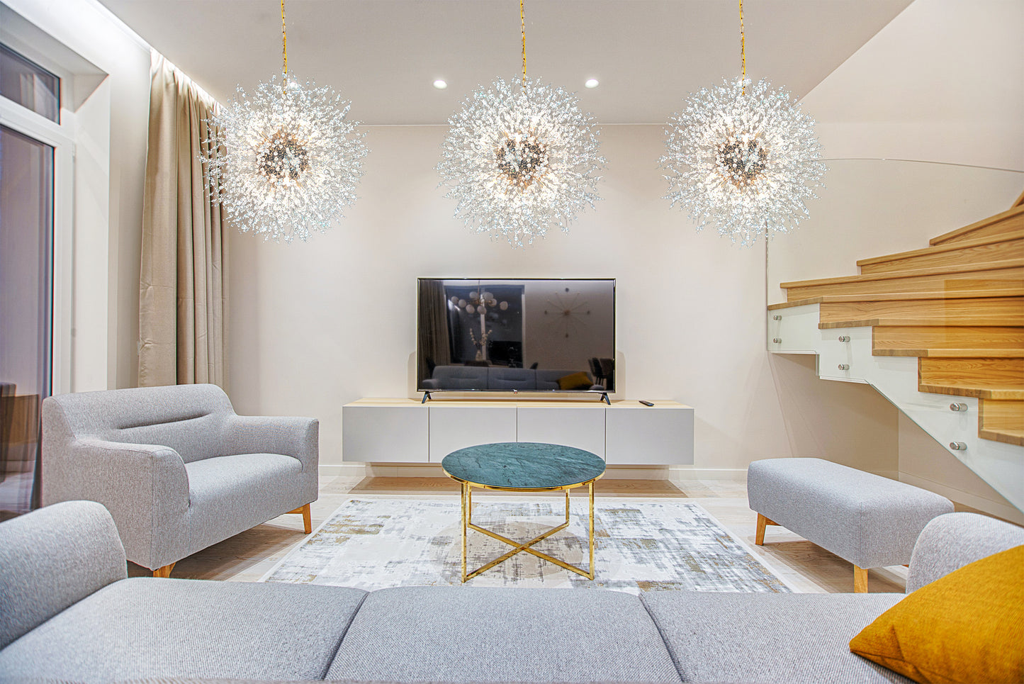 24 inch dimmable gold starburst crystal chandelier in modern living room
