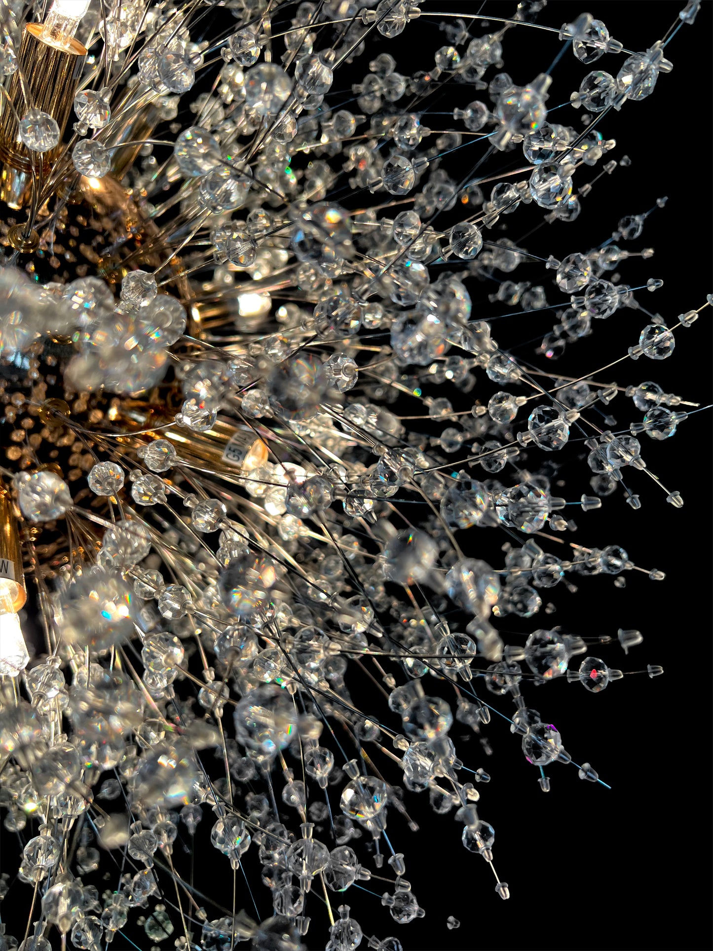 24 inch dimmable gold chandelier close-up showing precision cut crystal branches