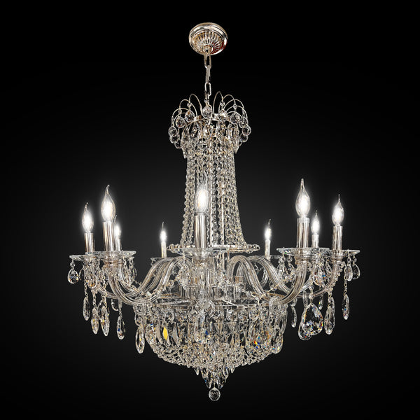 35 inch Luxury chrome empire crystal chandelier with cascading precision-cut crystals and grand architectural design.