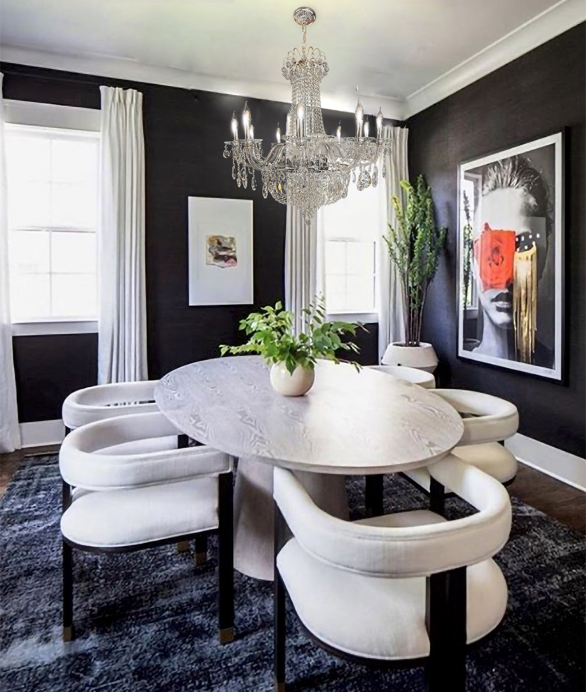 Elegant chrome crystal chandelier illuminating a modern dining place 
