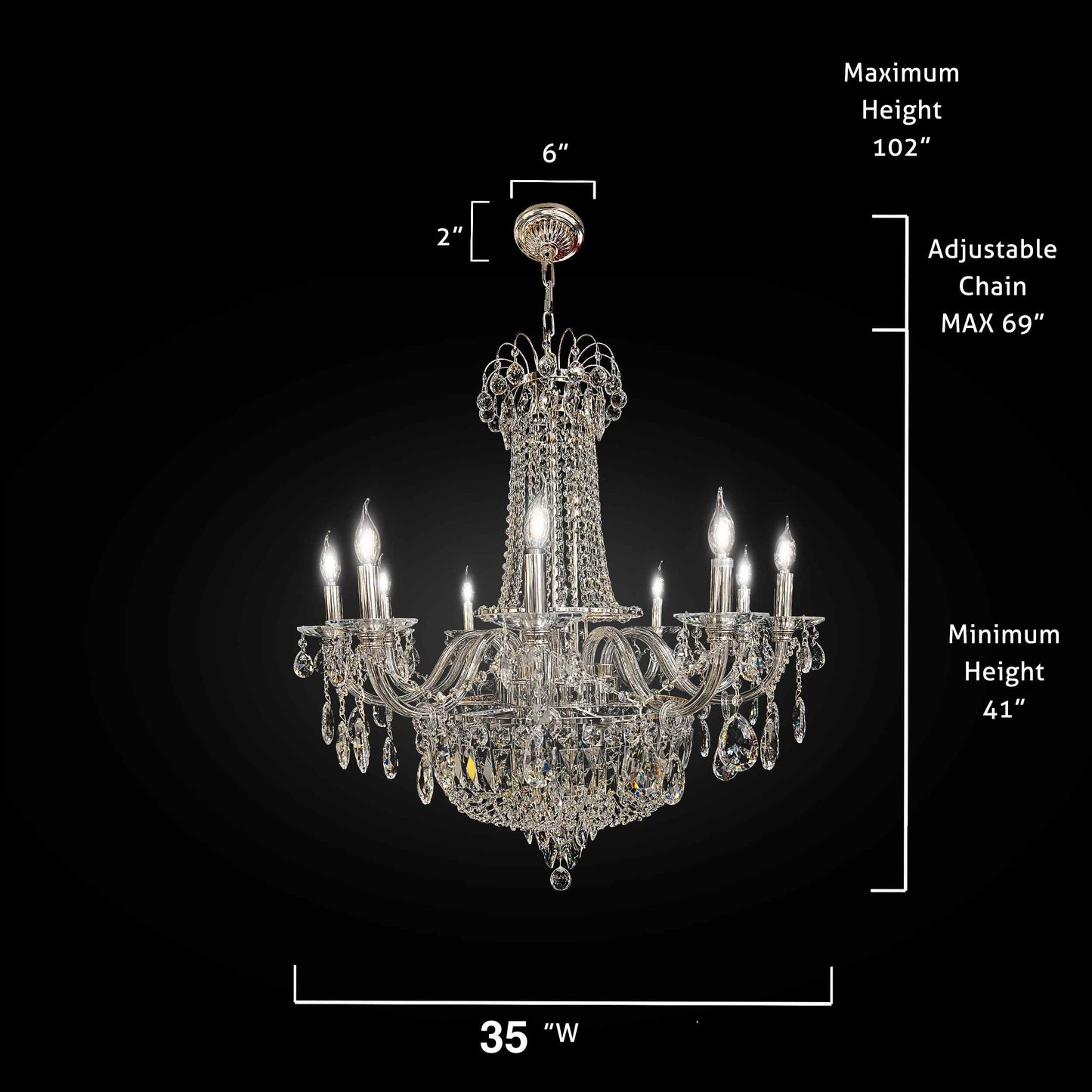 Detailed dimensions of 35 inch chrome empire crystal chandelier
