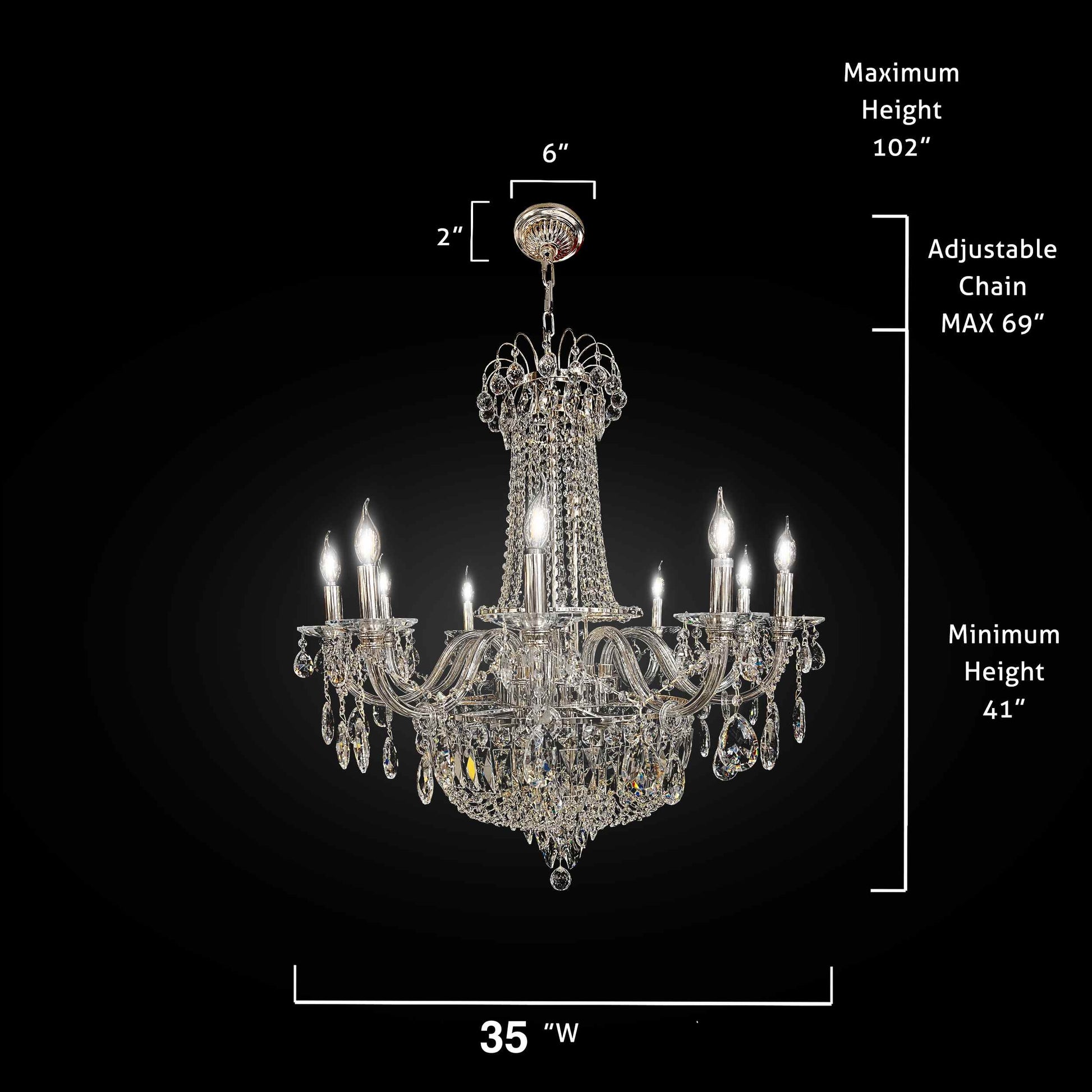 Detailed dimensions of 35 inch chrome empire crystal chandelier