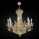 A Barroco style gold finish crystal chandelier with intricate detailing and multiple light bulbs.