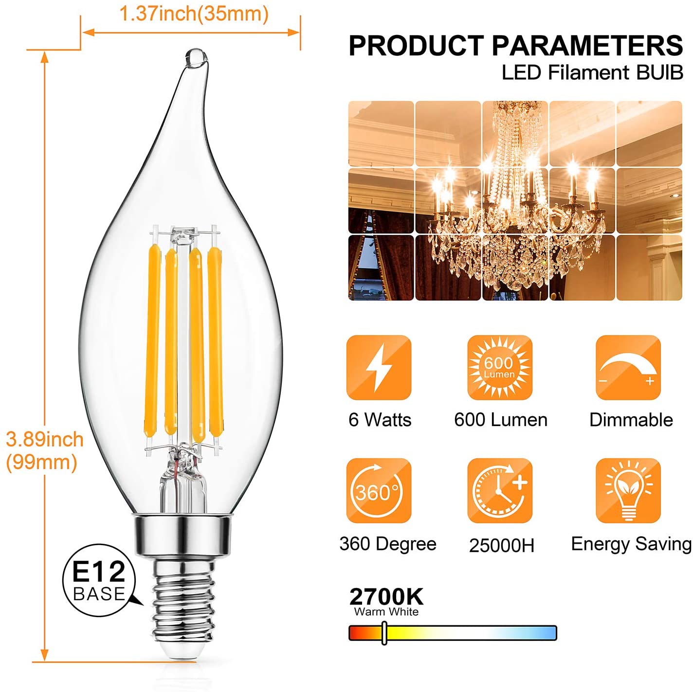 (12 Pack) E12 Candelabra LED Bulbs – 6W, 2700K Warm White, Dimmable, 110V