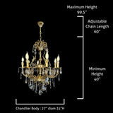 Italian brass chandelier with adjustable chain and height dimensions labeled