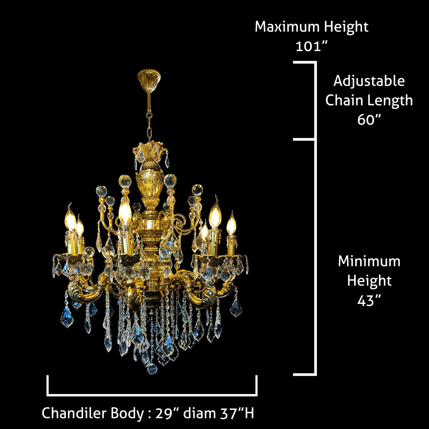Italian brass chandelier with adjustable chain and height dimensions labeled
