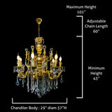 Italian brass chandelier with adjustable chain and height dimensions labeled
