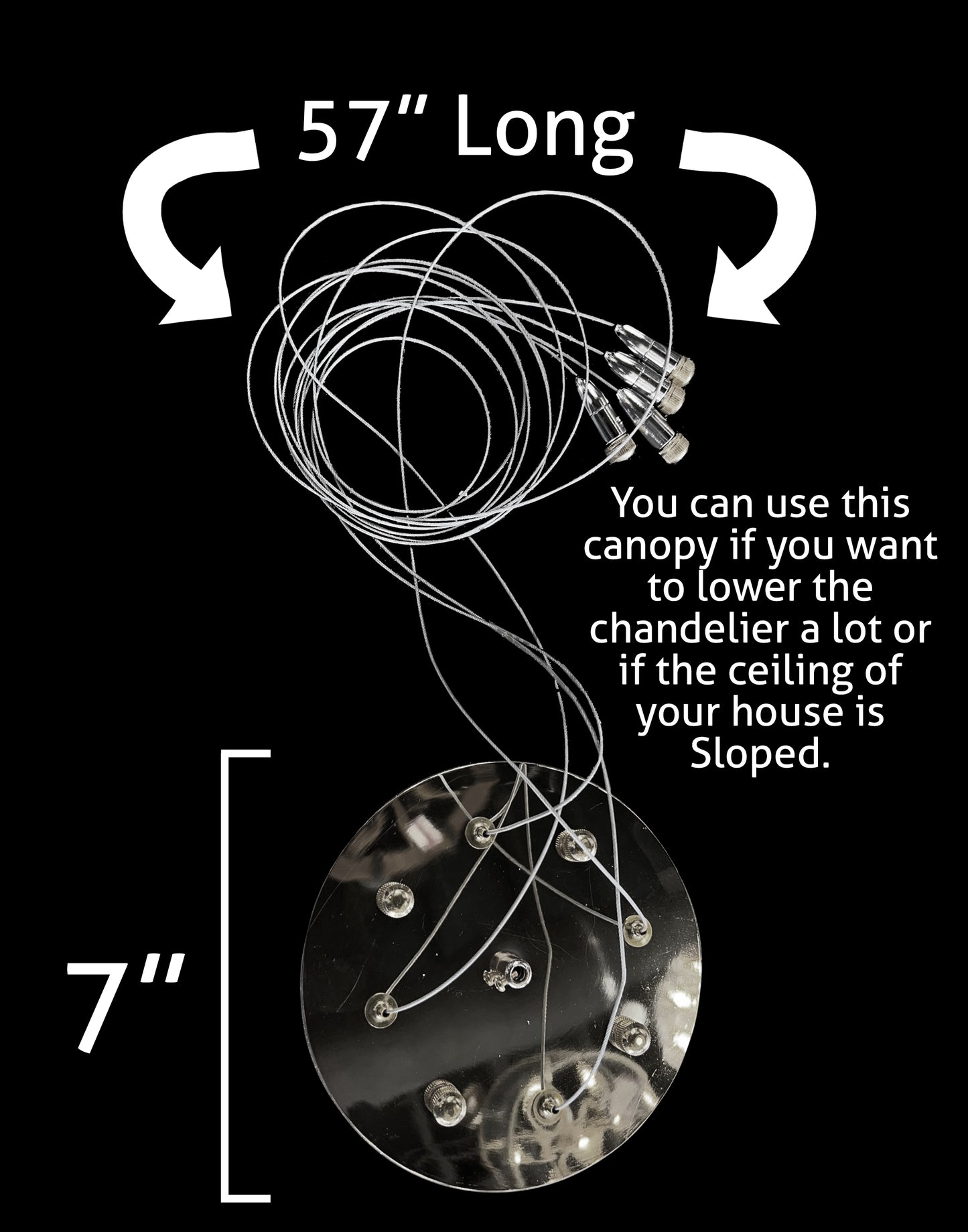 Adjustable canopy and dimmable cable system for chrome LED chandelier, showing 57-inch suspension length and 7-inch canopy size.
