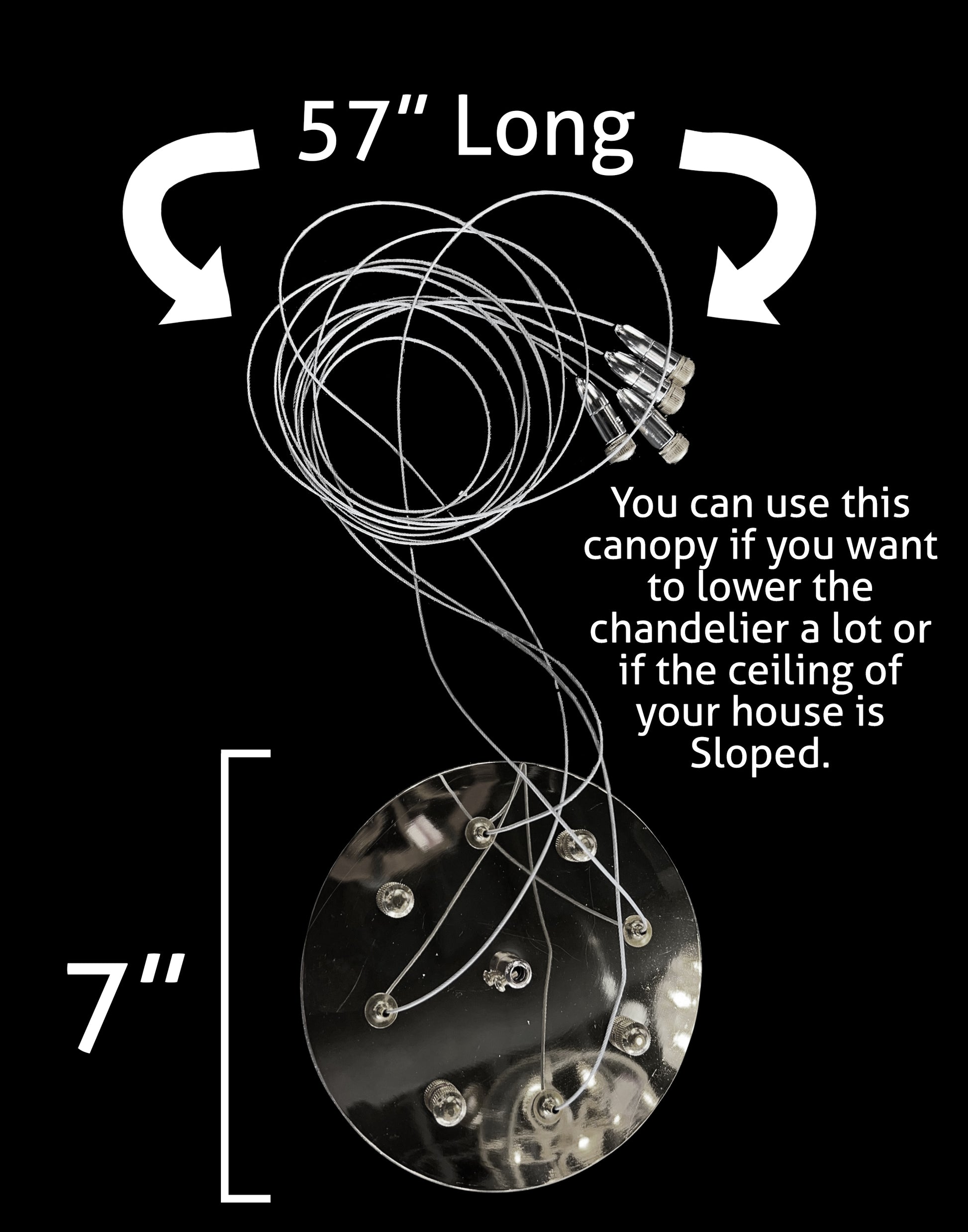 Adjustable canopy and dimmable cable system for chrome LED chandelier, showing 57-inch suspension length and 7-inch canopy size.
