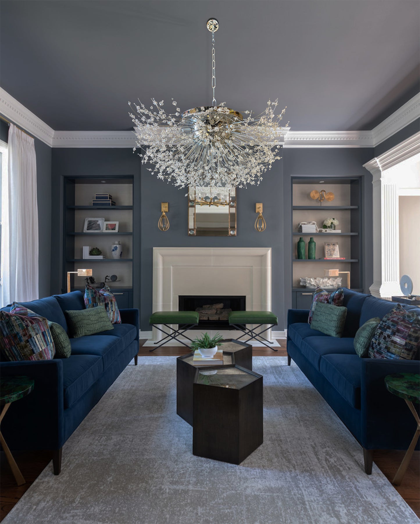 Luxury silver  starburst crystal flush mount chandelier 30 inch, dimmable G9 lighting fixture