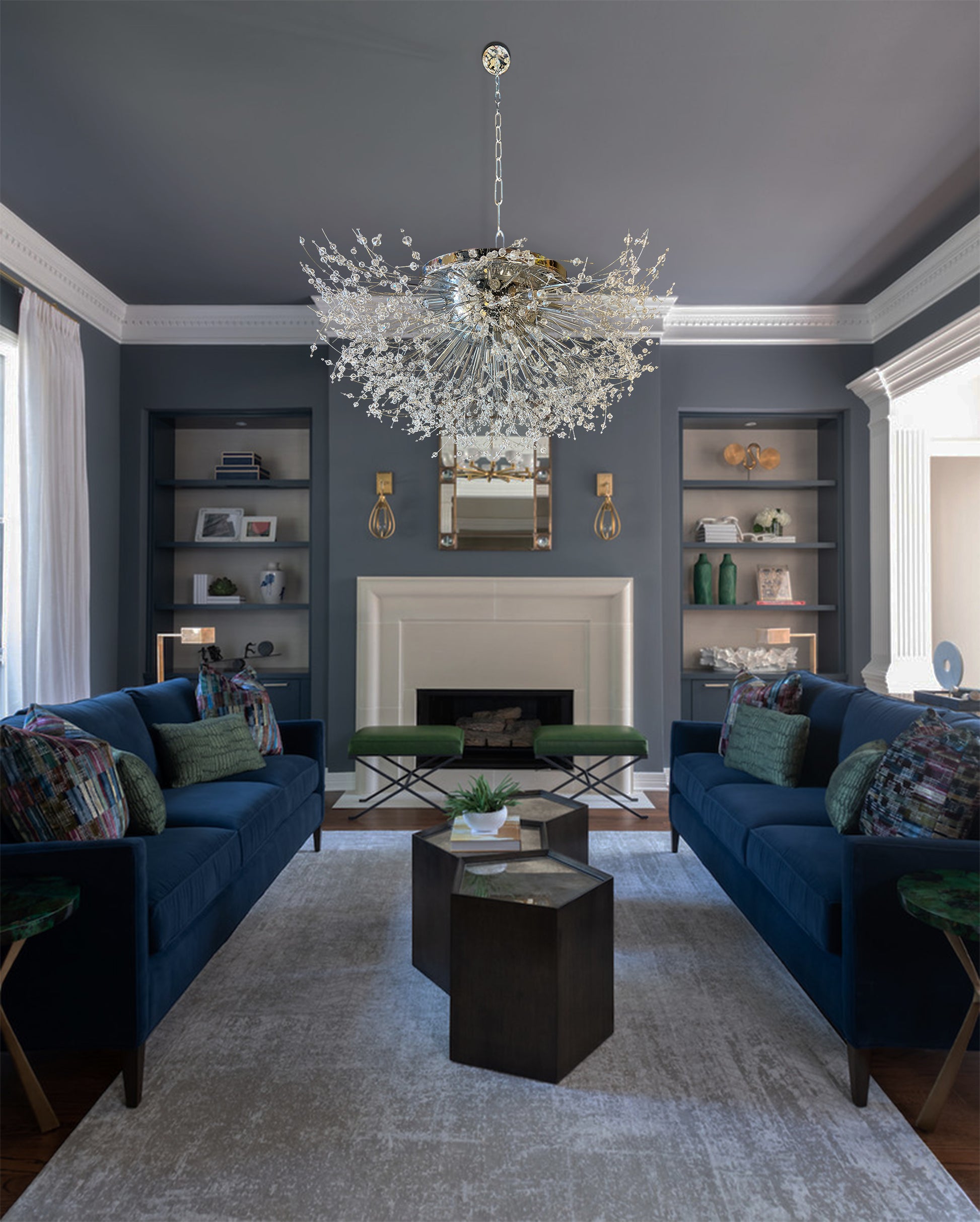 Luxury silver  starburst crystal flush mount chandelier 30 inch, dimmable G9 lighting fixture