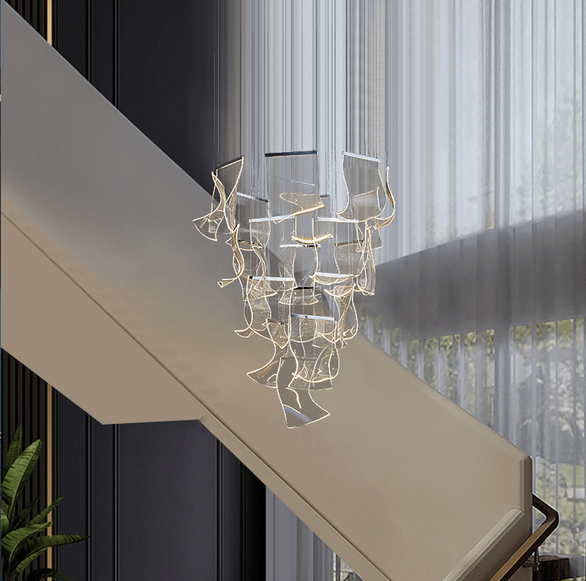 Close-up detail of dimmable LED chandelier featuring layered acrylic wave panels and adjustable hanging cables.