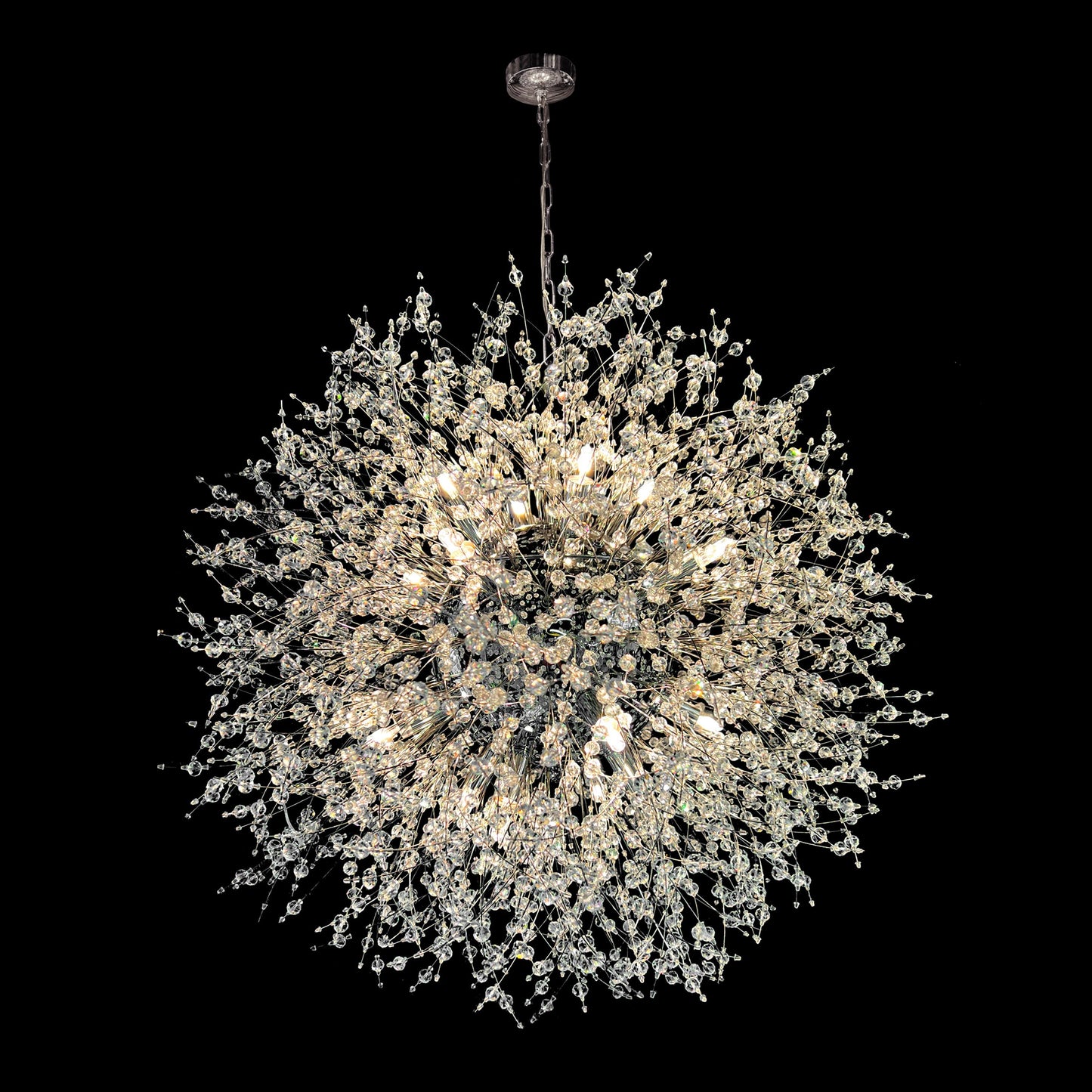 A luxurious chrome crystal chandelier with a starburst design, featuring numerous high-density nano-cut crystal beads, creating a dazzling light fixture suitable for elegant interiors.