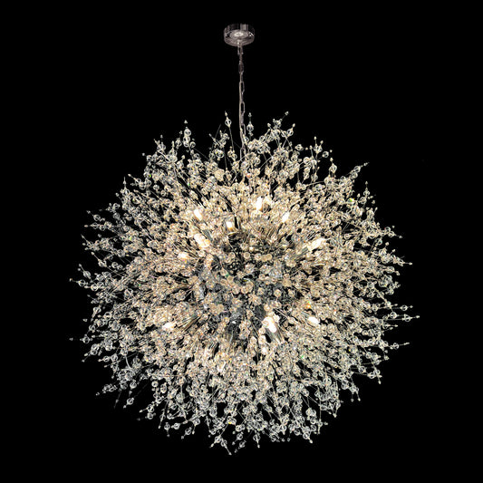 A luxurious chrome crystal chandelier with a starburst design, featuring numerous high-density nano-cut crystal beads, creating a dazzling light fixture suitable for elegant interiors.