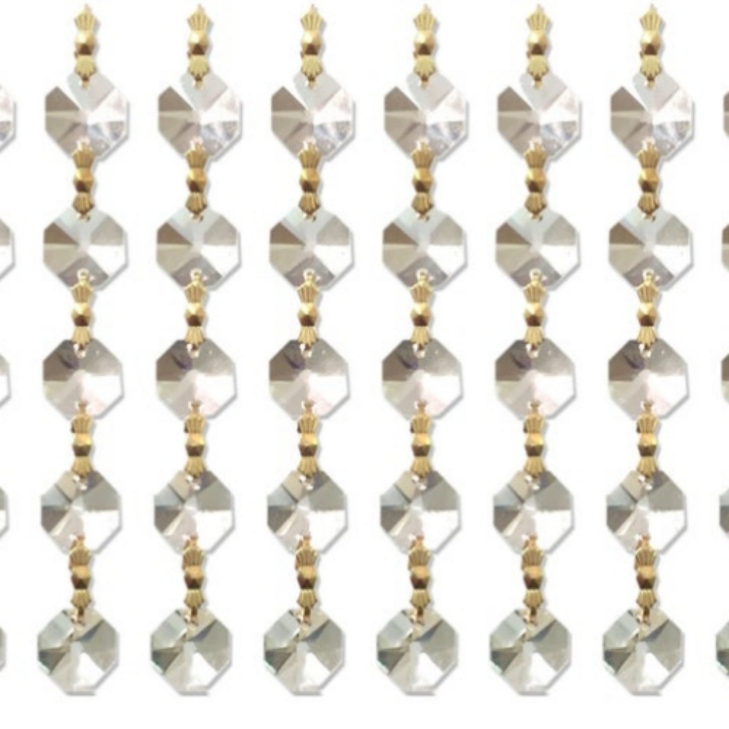 Hanging strands of octagon-shaped clear crystals connected by golden brass clips.
