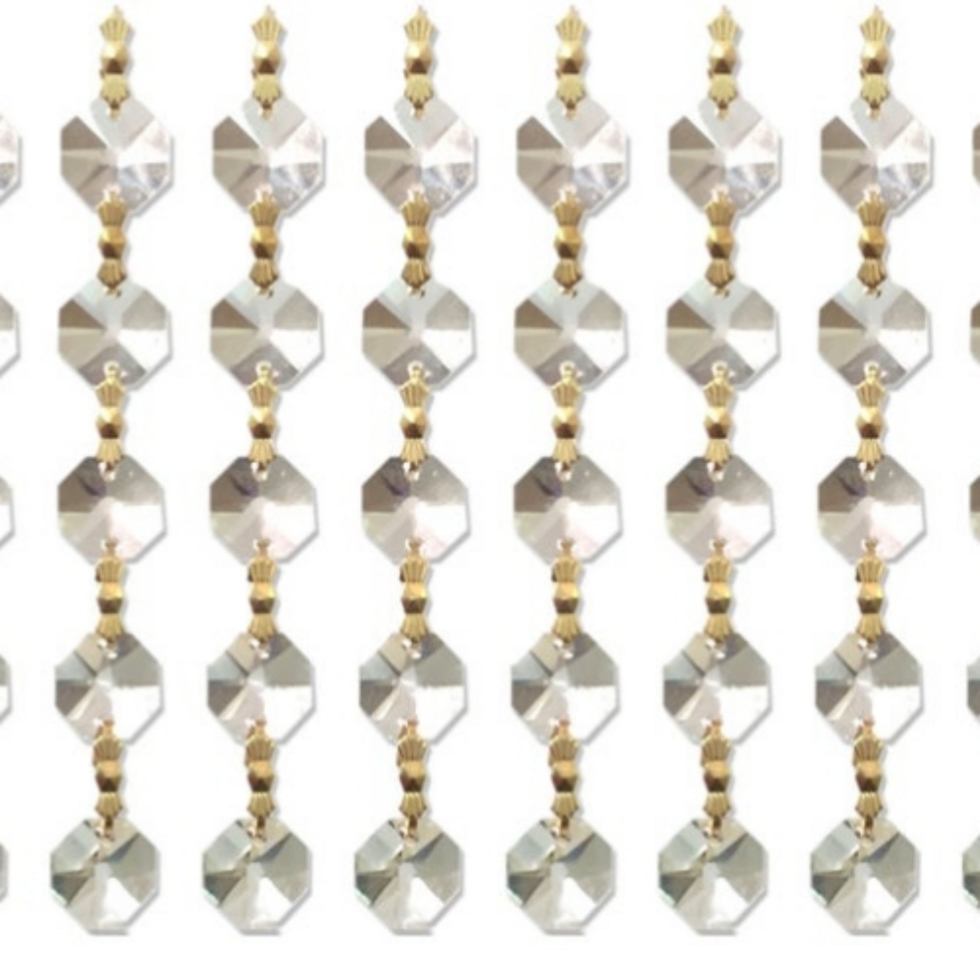 Hanging strands of octagon-shaped clear crystals connected by golden brass clips.