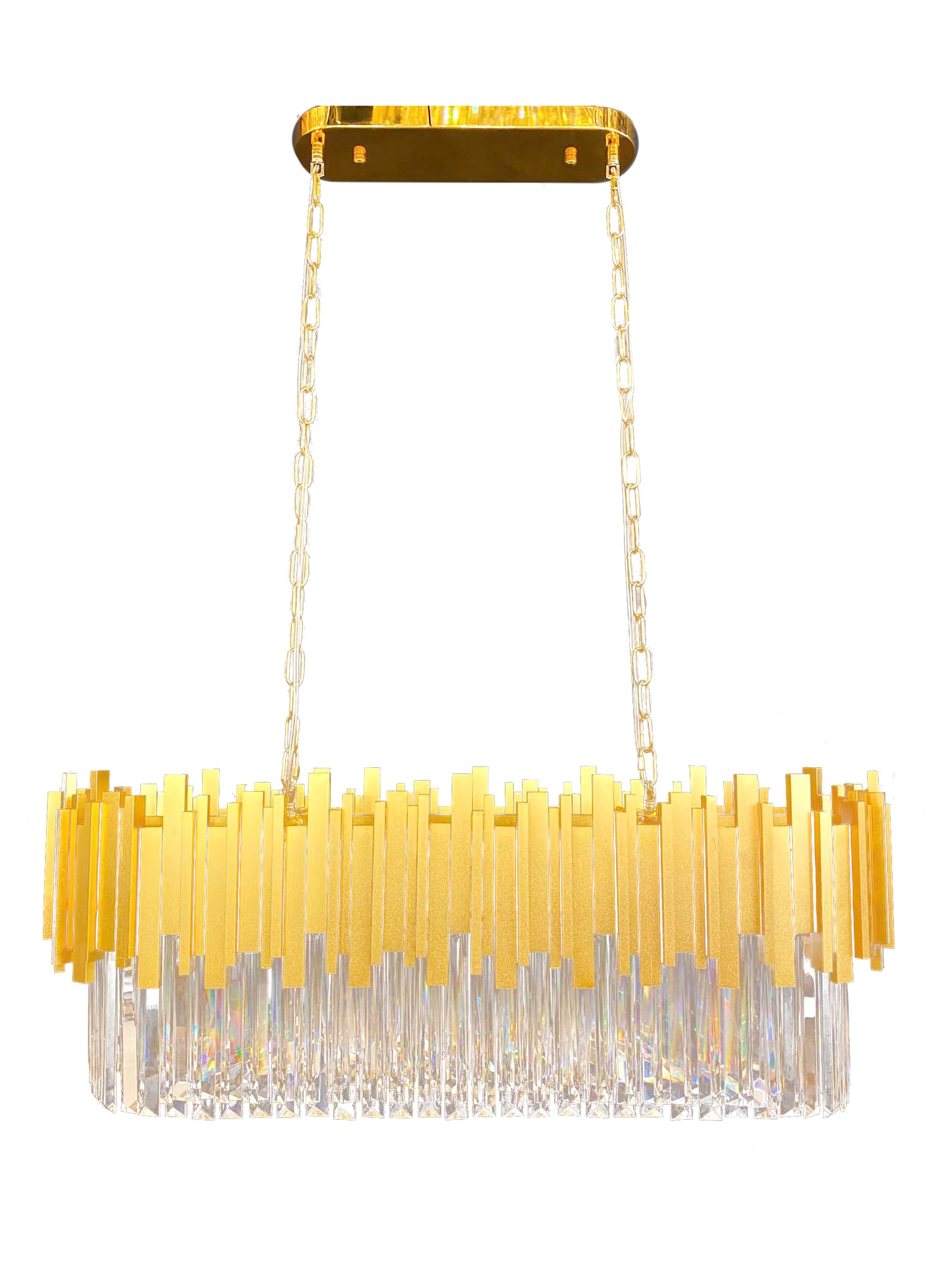 
Elegant angle shot of modern gold linear crystal chandelier