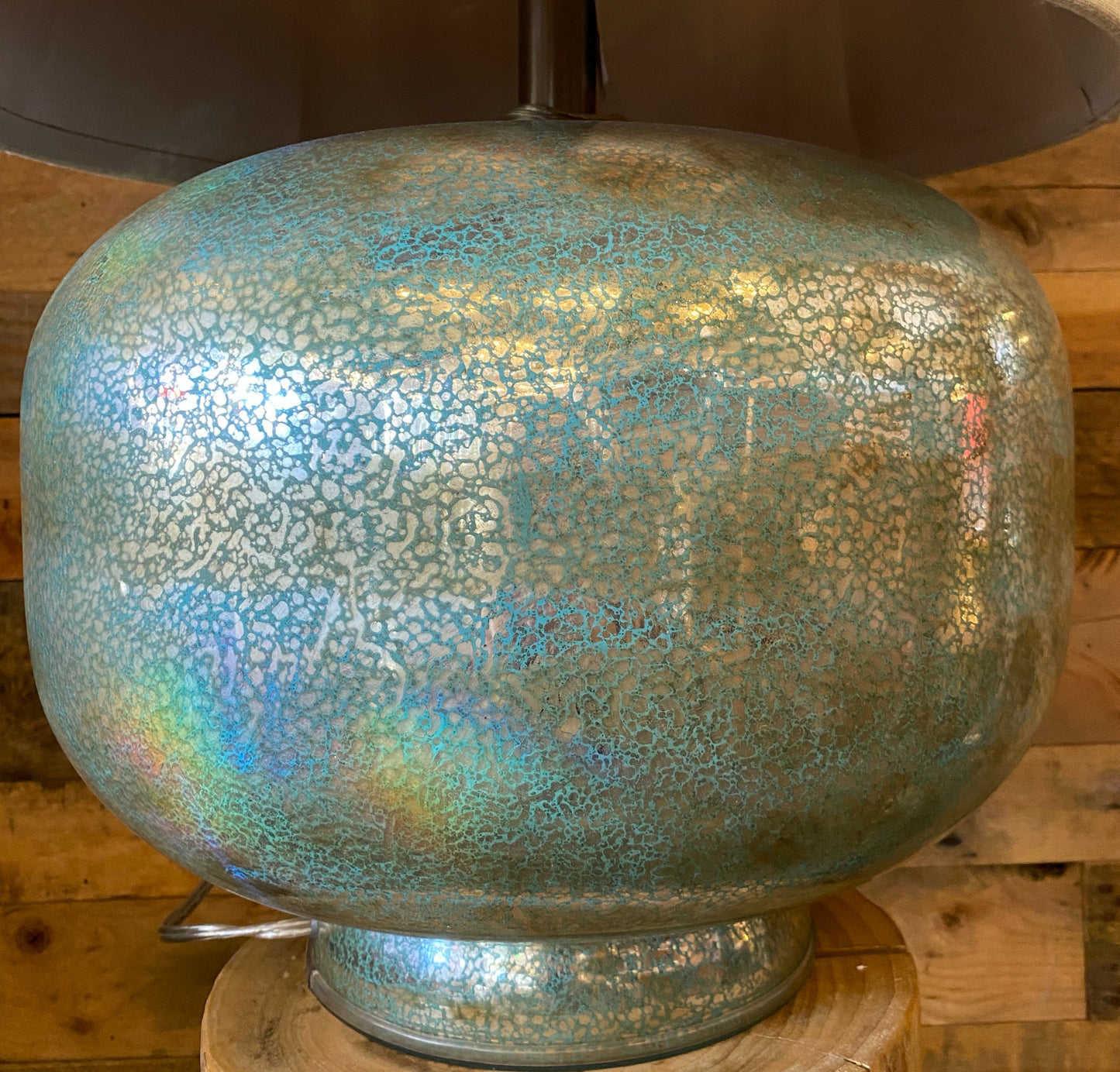 Elegant Green and Gold Glass Table Lamp with Cream Linen Shade Contemporary Design