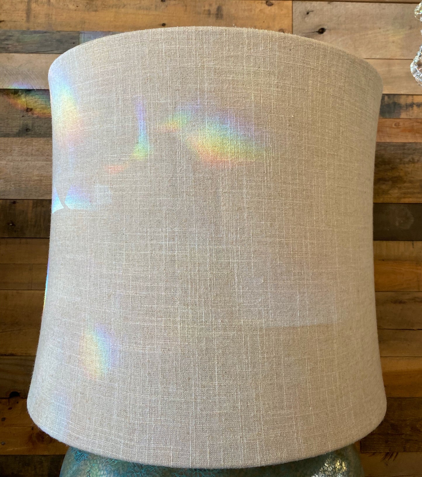 Elegant Green and Gold Glass Table Lamp with Cream Linen Shade Contemporary Design