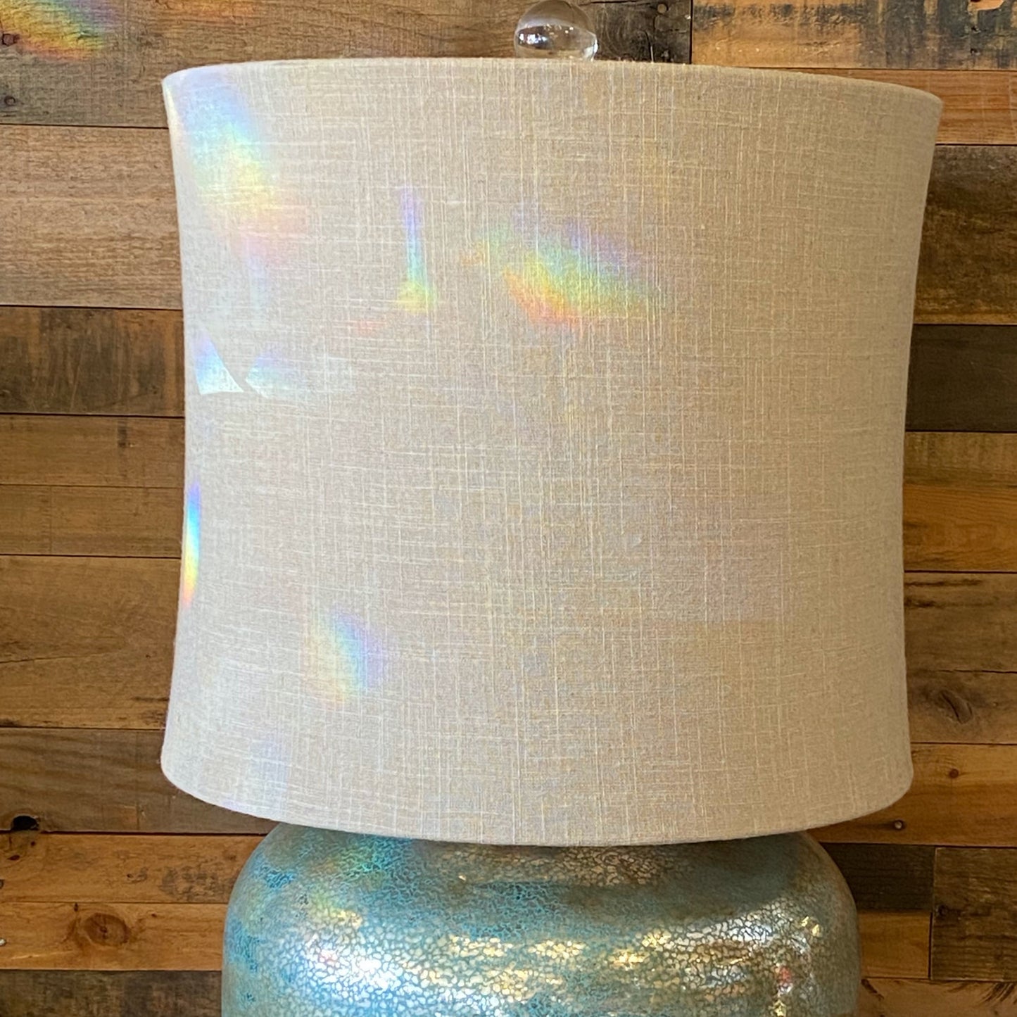 Elegant Green and Gold Glass Table Lamp with Cream Linen Shade Contemporary Design