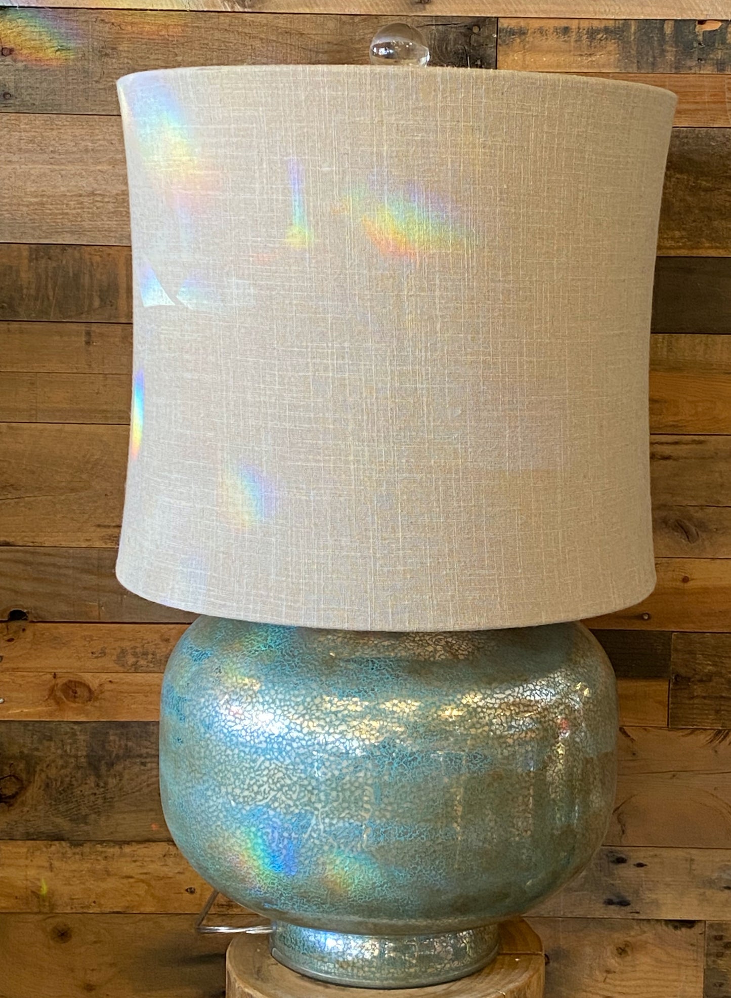 Elegant Green and Gold Glass Table Lamp with Cream Linen Shade Contemporary Design