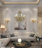 Elegant Italian brass chandelier illuminating a classic living room interior