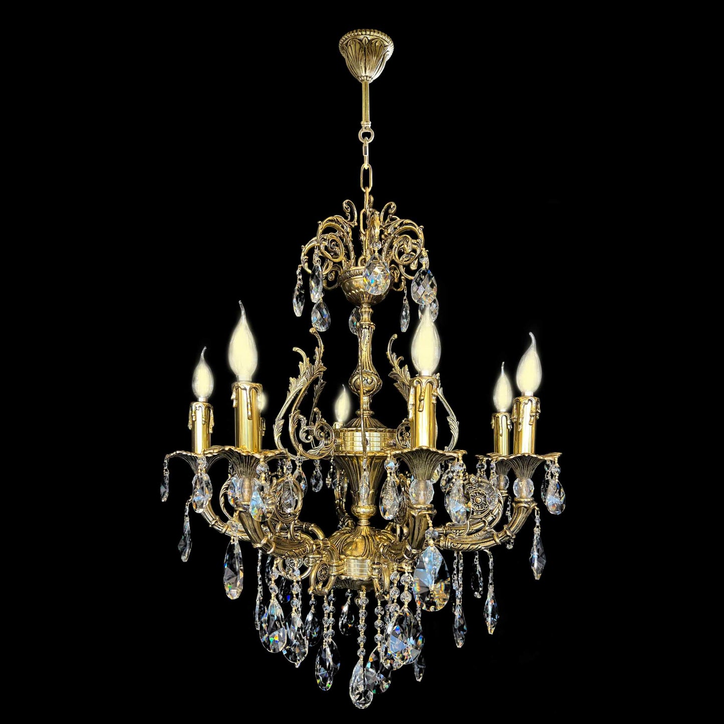  Luxury Italian brass crystal chandelier with ornate design and candle-style lights