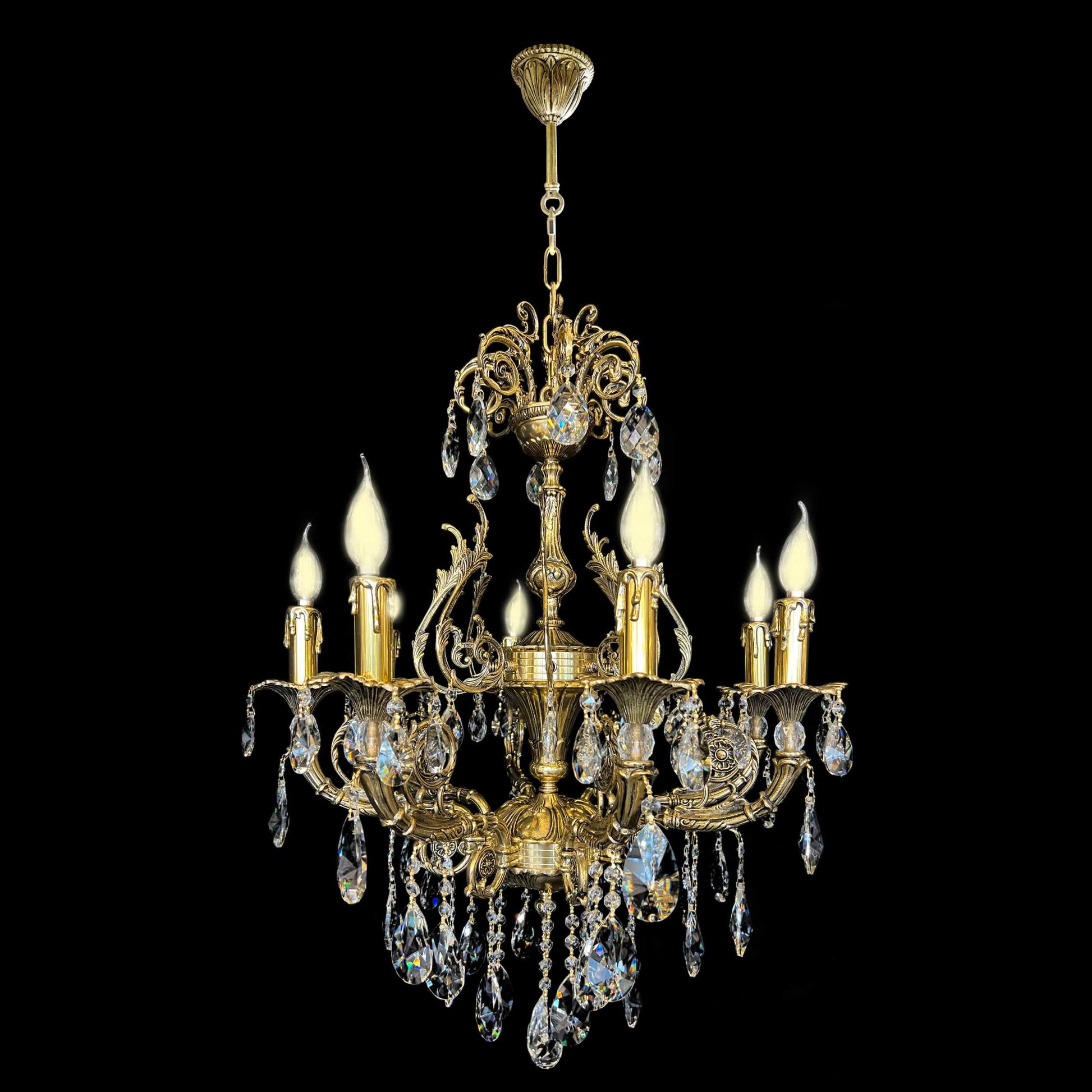  Luxury Italian brass crystal chandelier with ornate design and candle-style lights