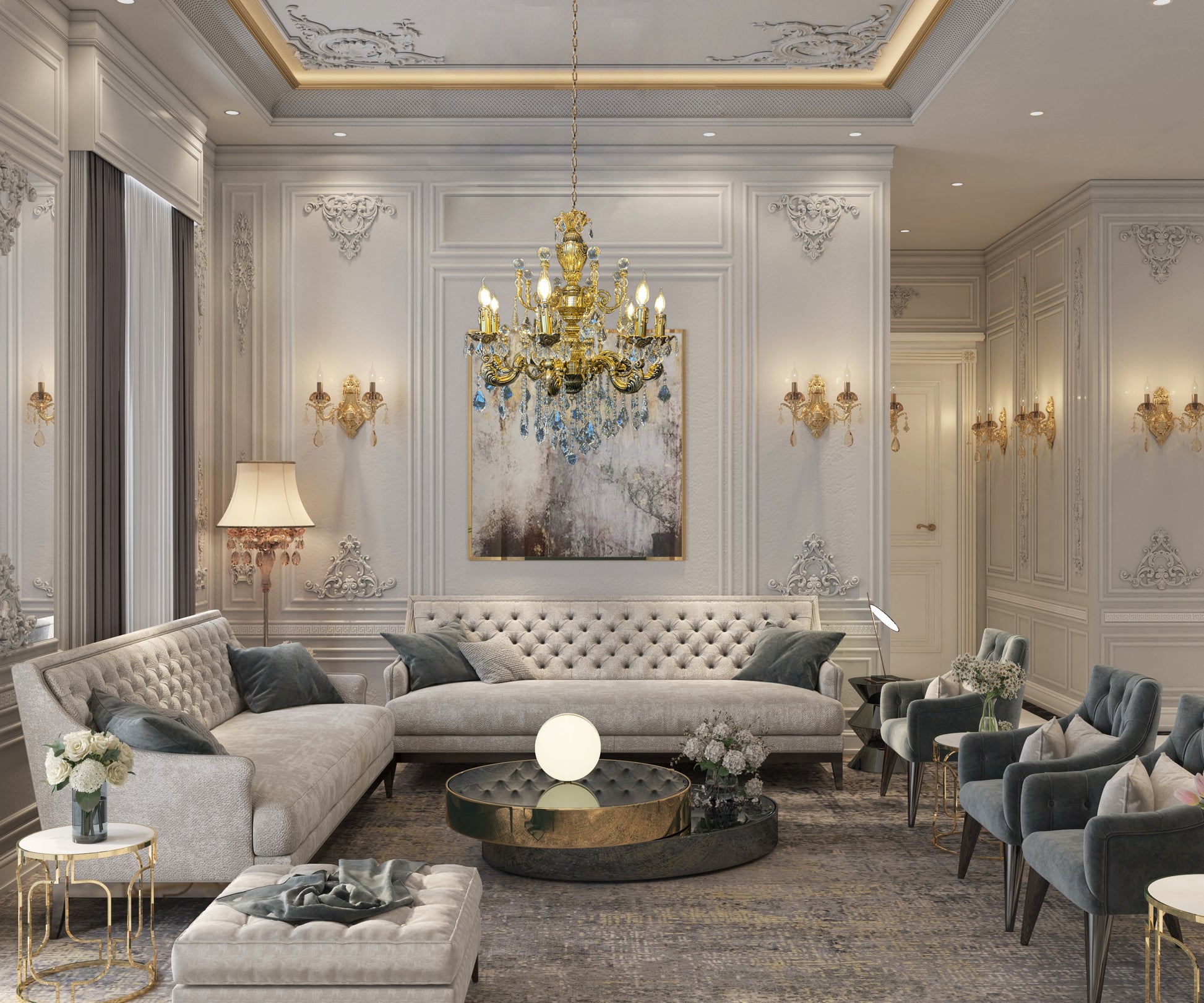 Elegant handcrafted brass crystal chandelier over caffe table