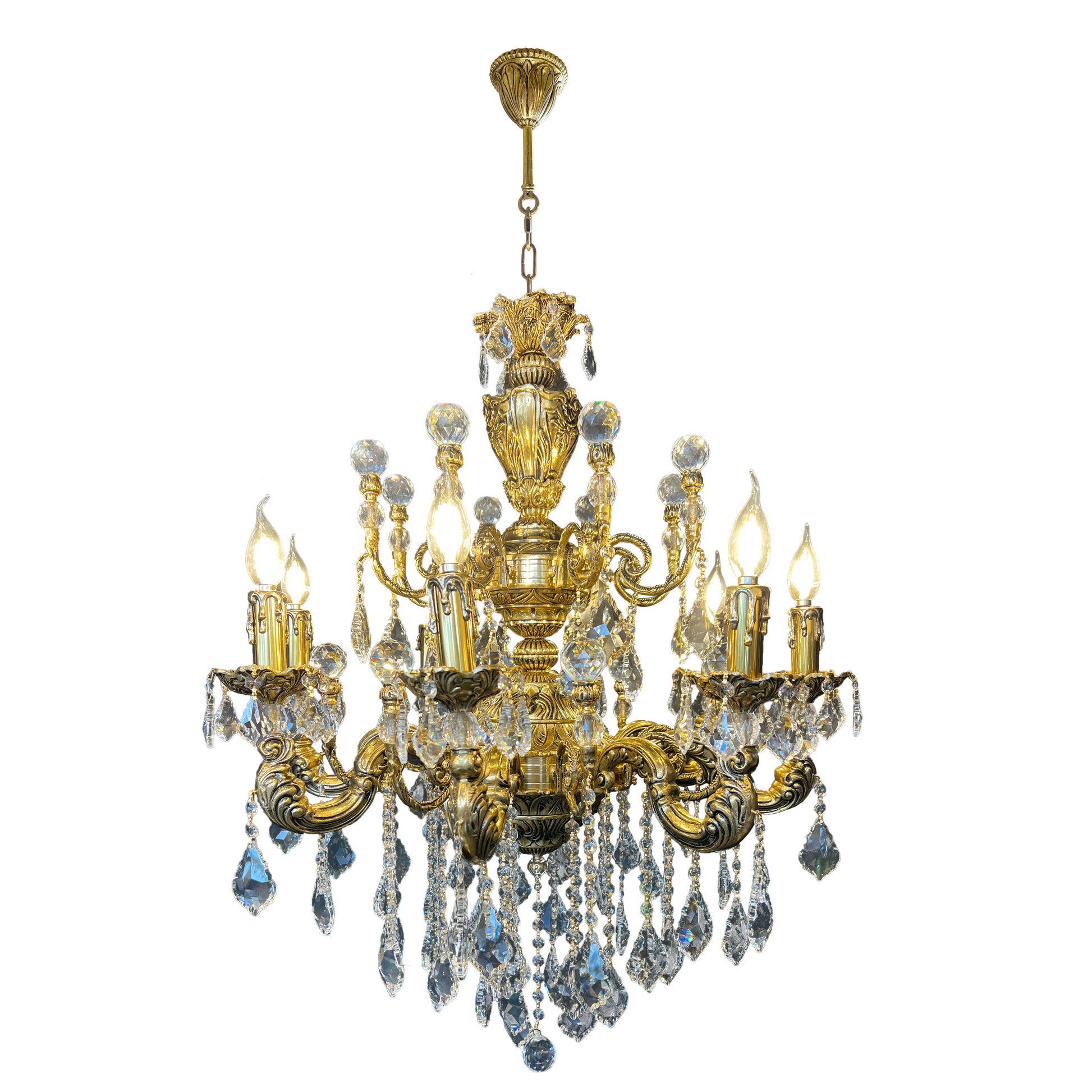 Full view of handcrafted Italian bronze chandelier with crystals