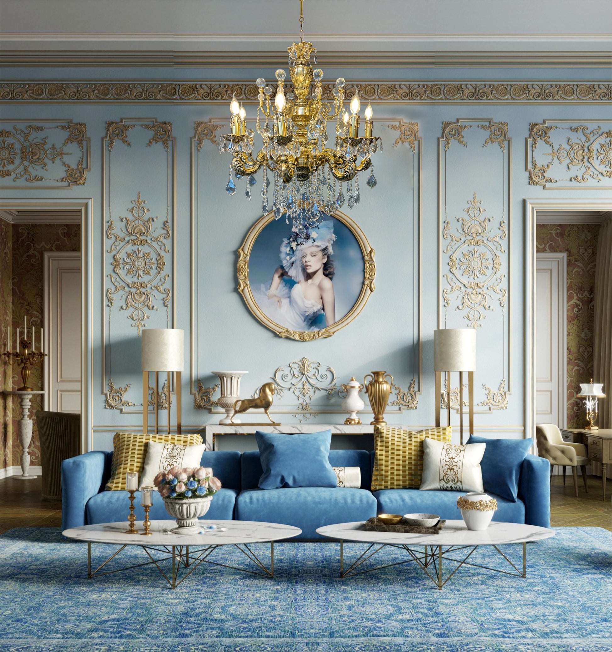 Italian bronze chandelier 8 lights  with lead crystals in palace interior