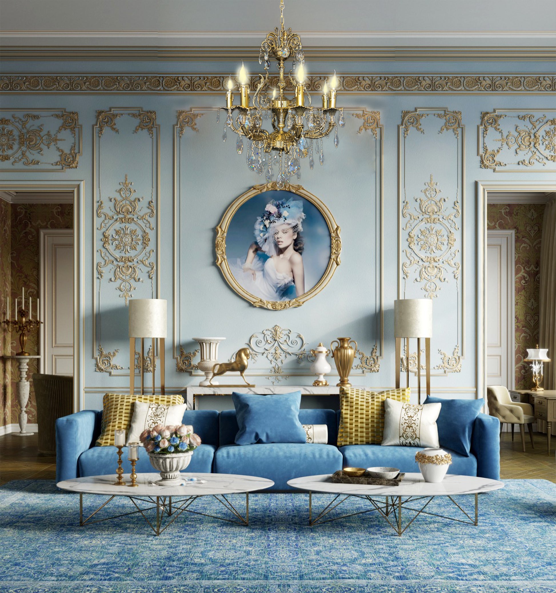 Handcrafted Italian brass chandelier in luxurious palace-style interior