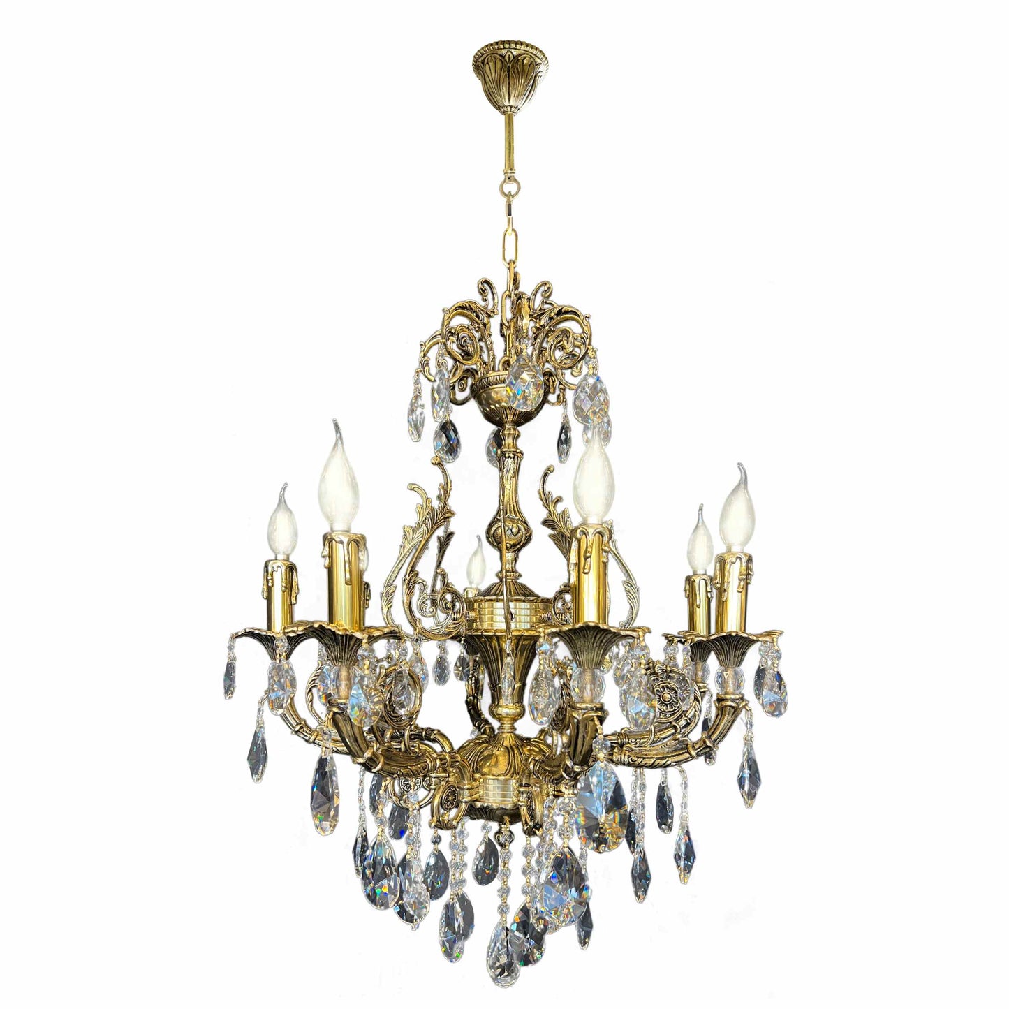 Handcrafted Italian brass chandelier with crystal teardrops and candle lights