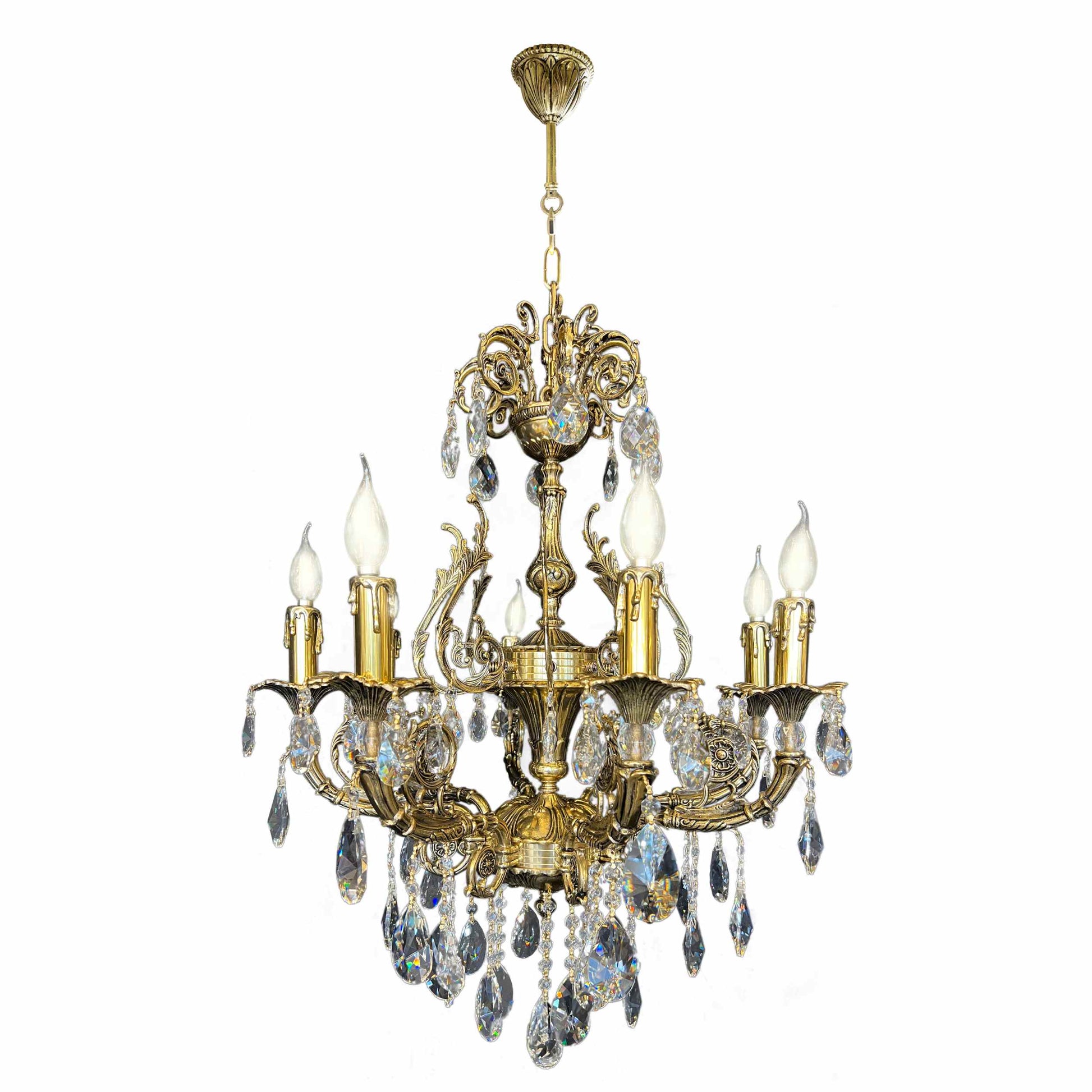 Handcrafted Italian brass chandelier with crystal teardrops and candle lights