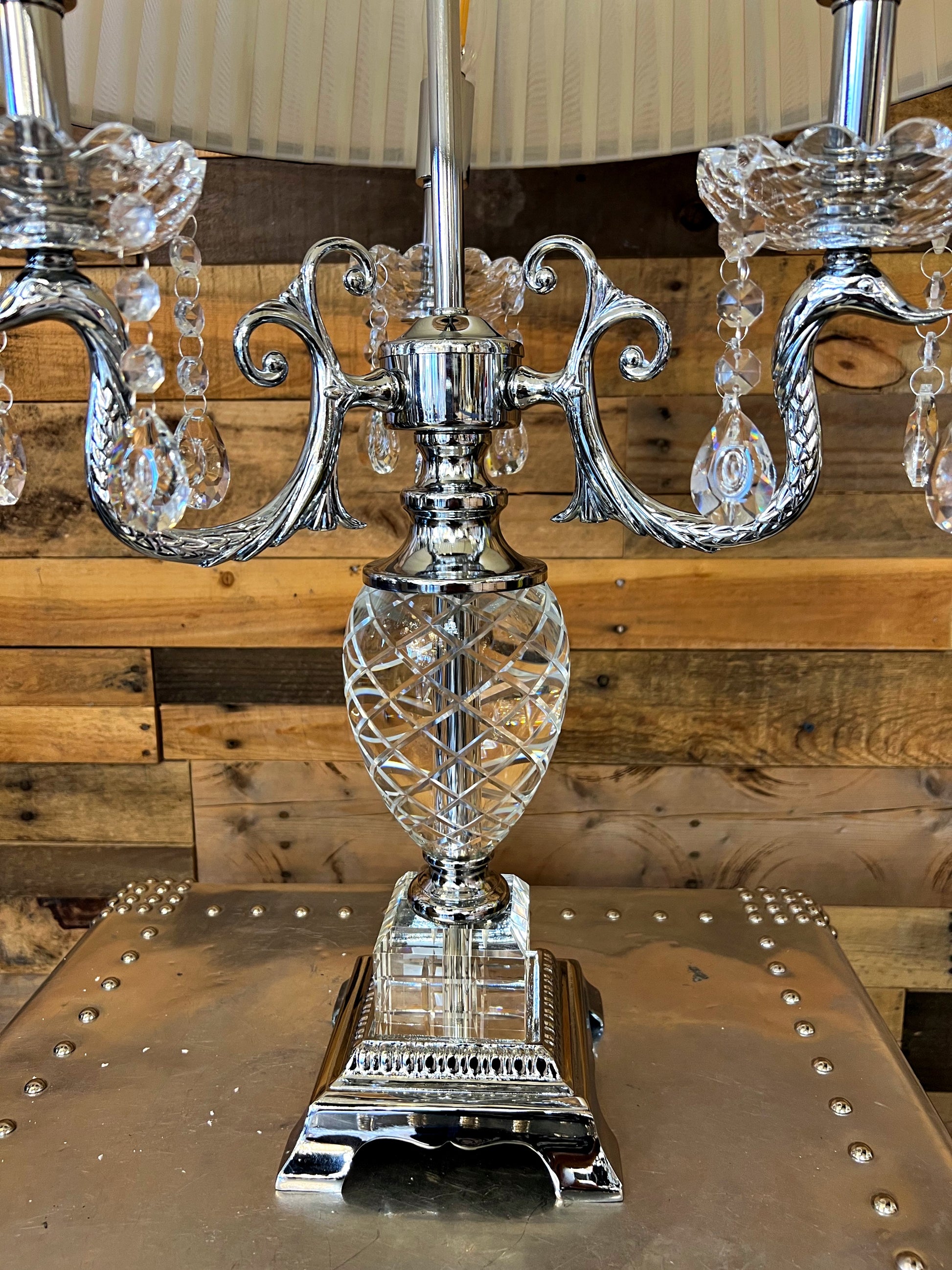 Crystal table lamp arm detail with hanging clear crystal drops