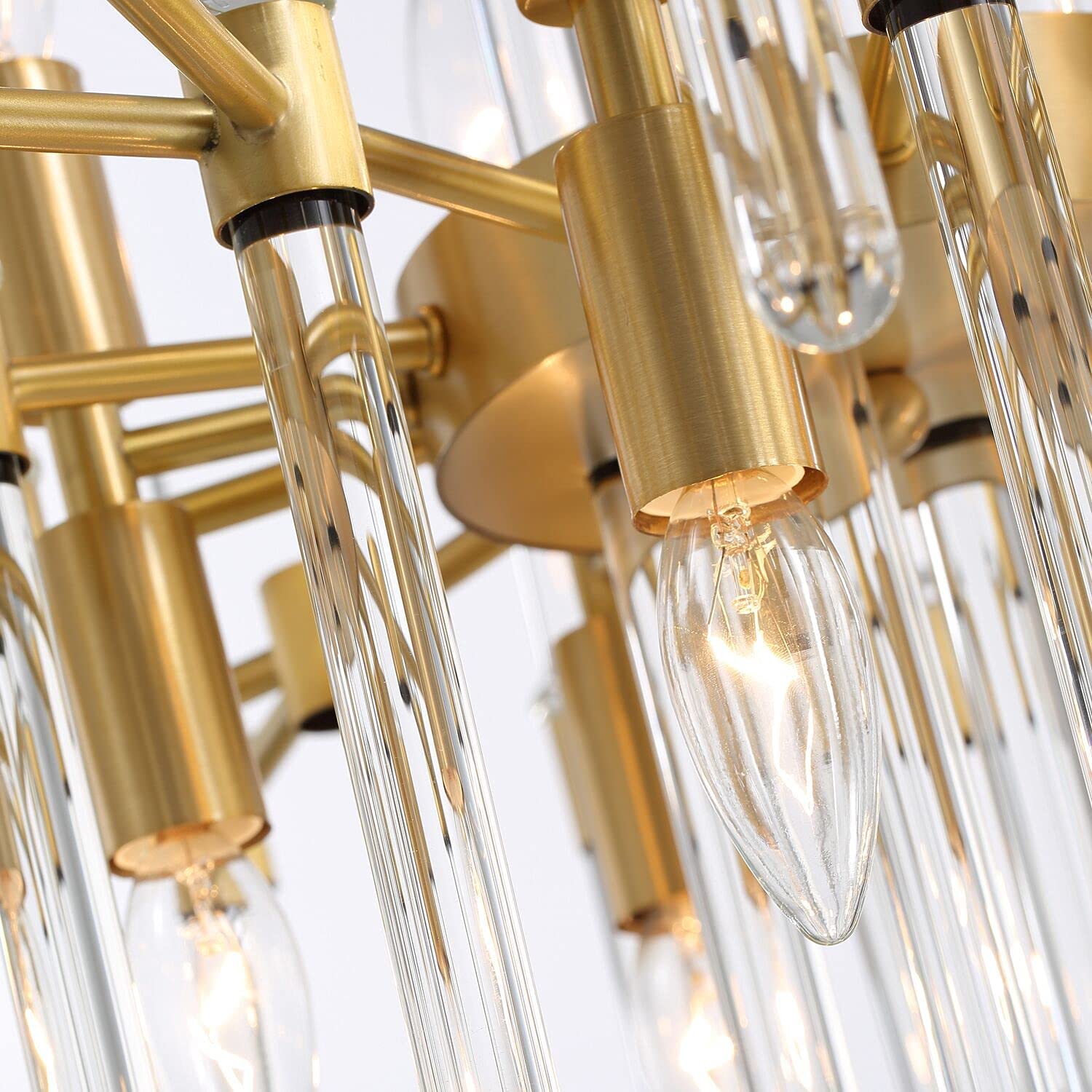 Modern Brass Glass Rod Chandelier 24" - 10-Light Dimmable