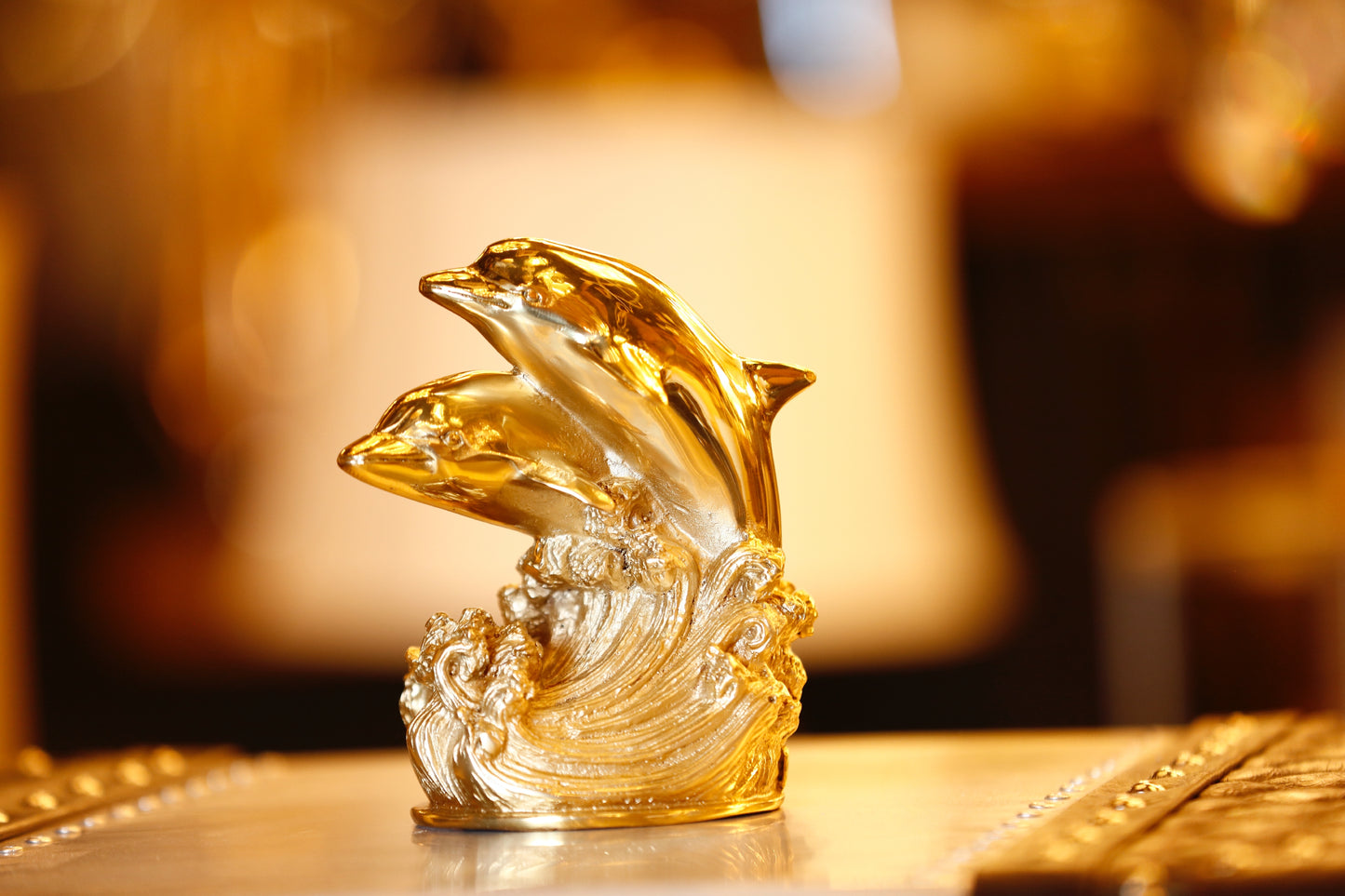 Gold Brass Dolphin Sculpture – Handmade Ocean Wave Statue for Home & Office Decor