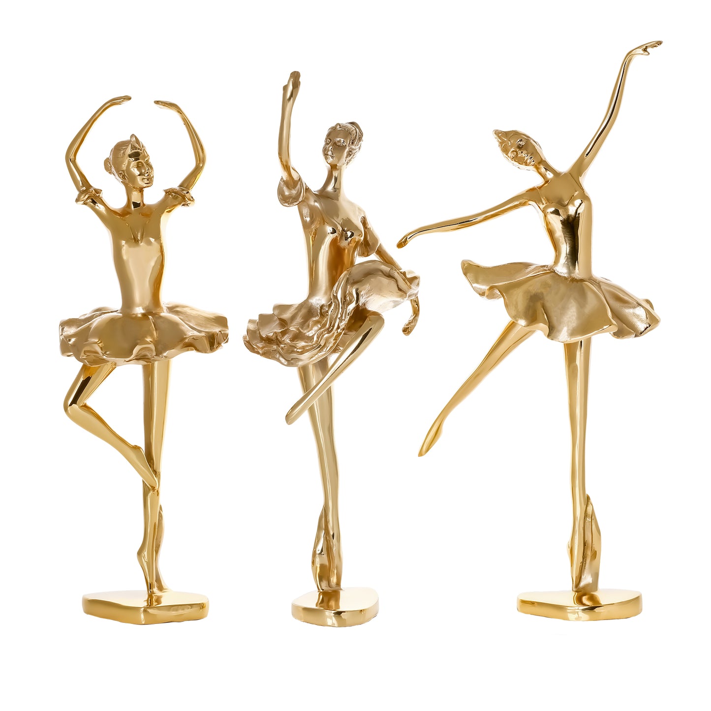 Close-up detail of handcrafted solid brass ballerina sculpture with polished finish