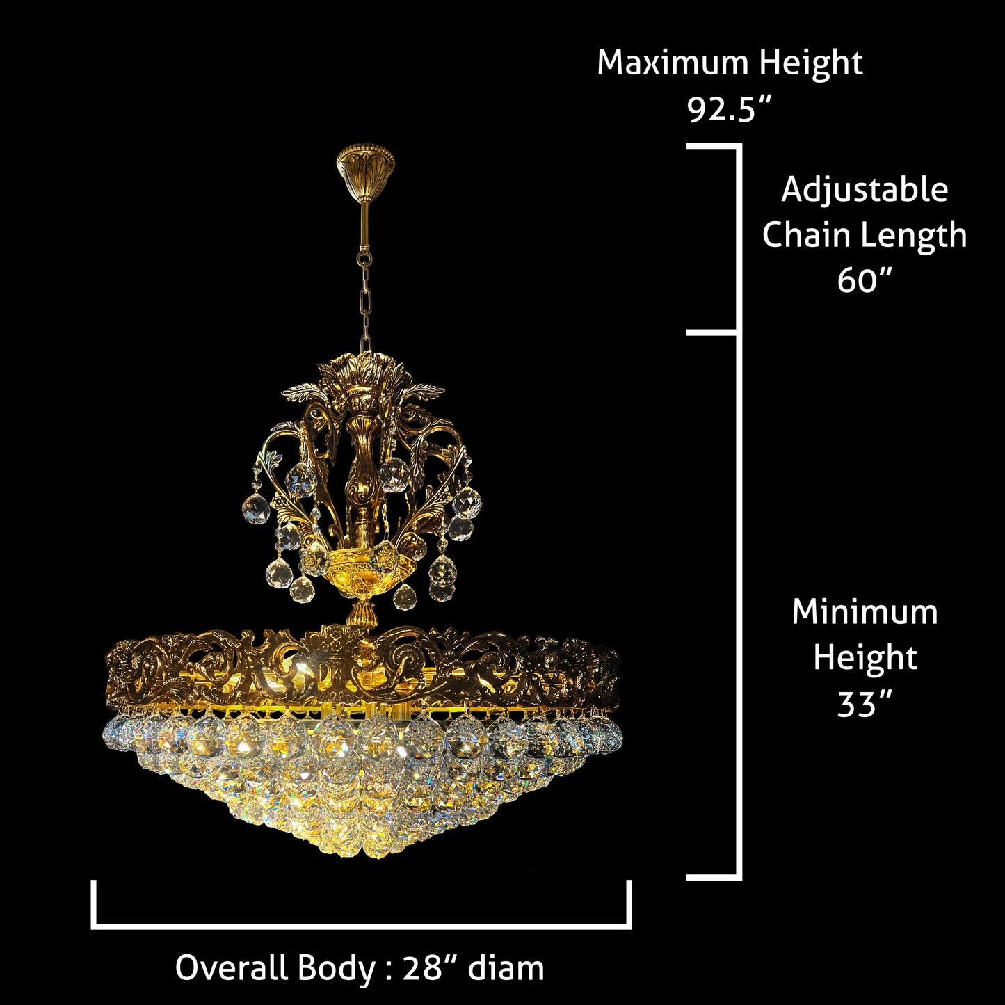 Size diagram showing chandelier height, width, and chain length