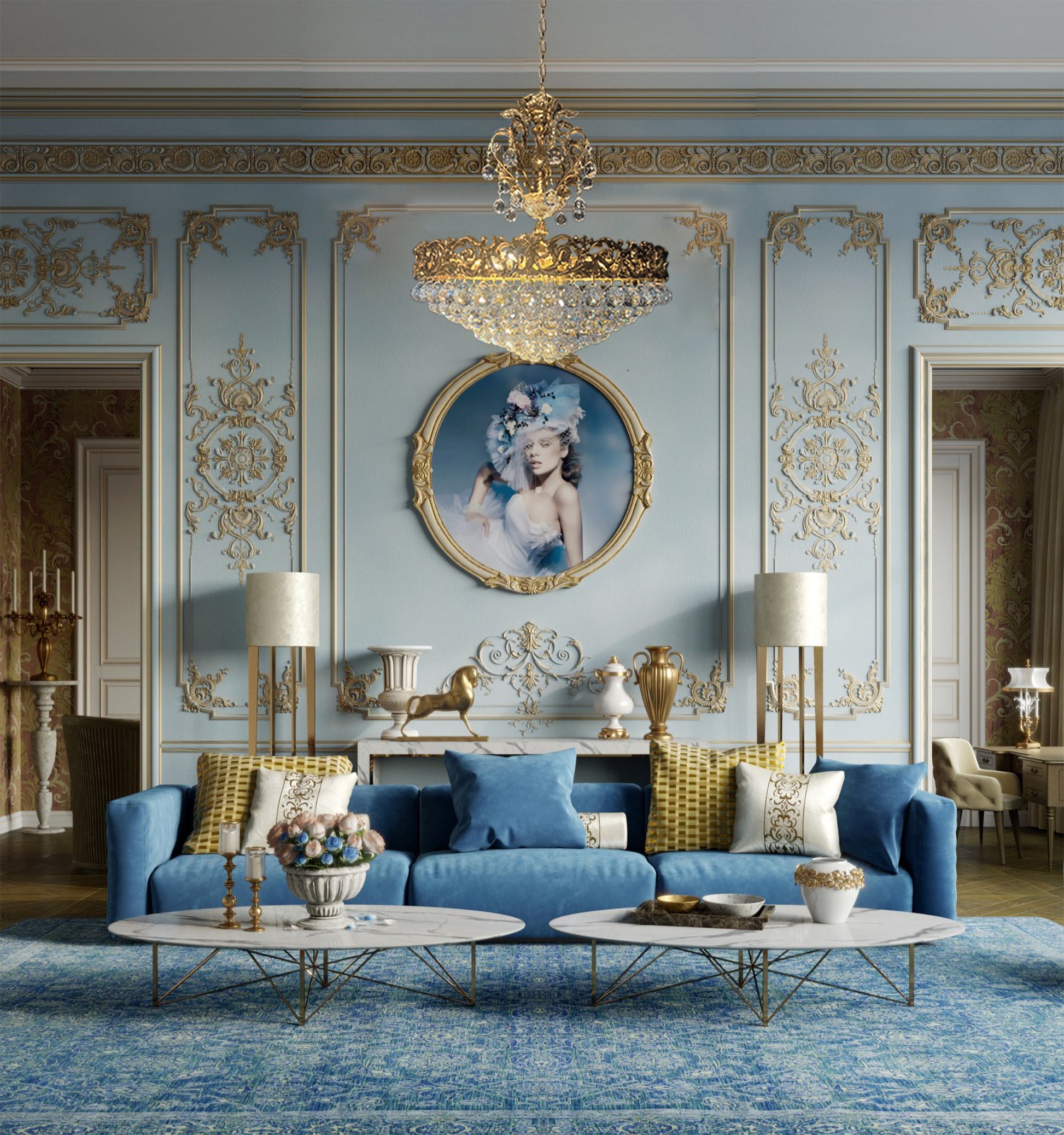 Vintage brass chandelier illuminating a luxury living room