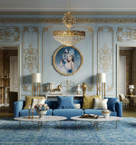 Vintage brass chandelier illuminating a luxury living room