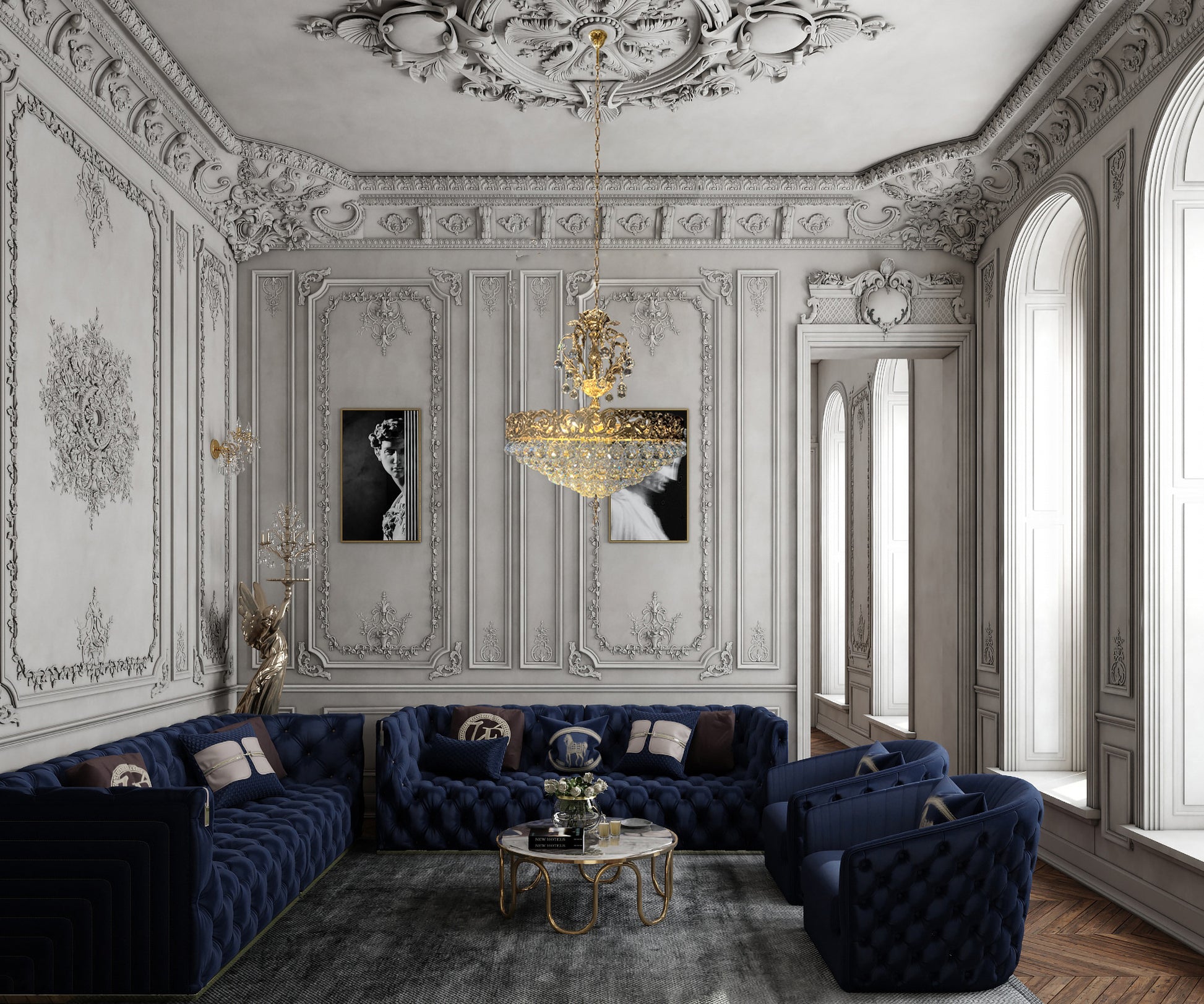 Grand brass chandelier enhancing a palace-style interior