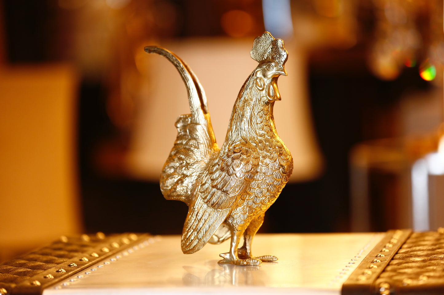 Specifications for the brass rooster: 12" height and approximately 5 lbs weight with packaging info.