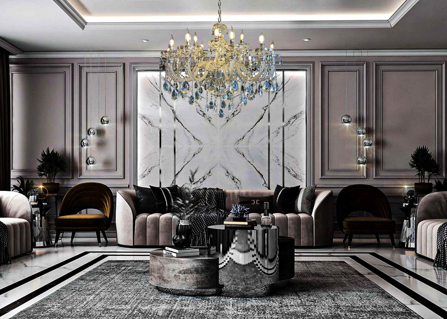 Luxury sitting area illuminated by a chrome crystal chandelier.