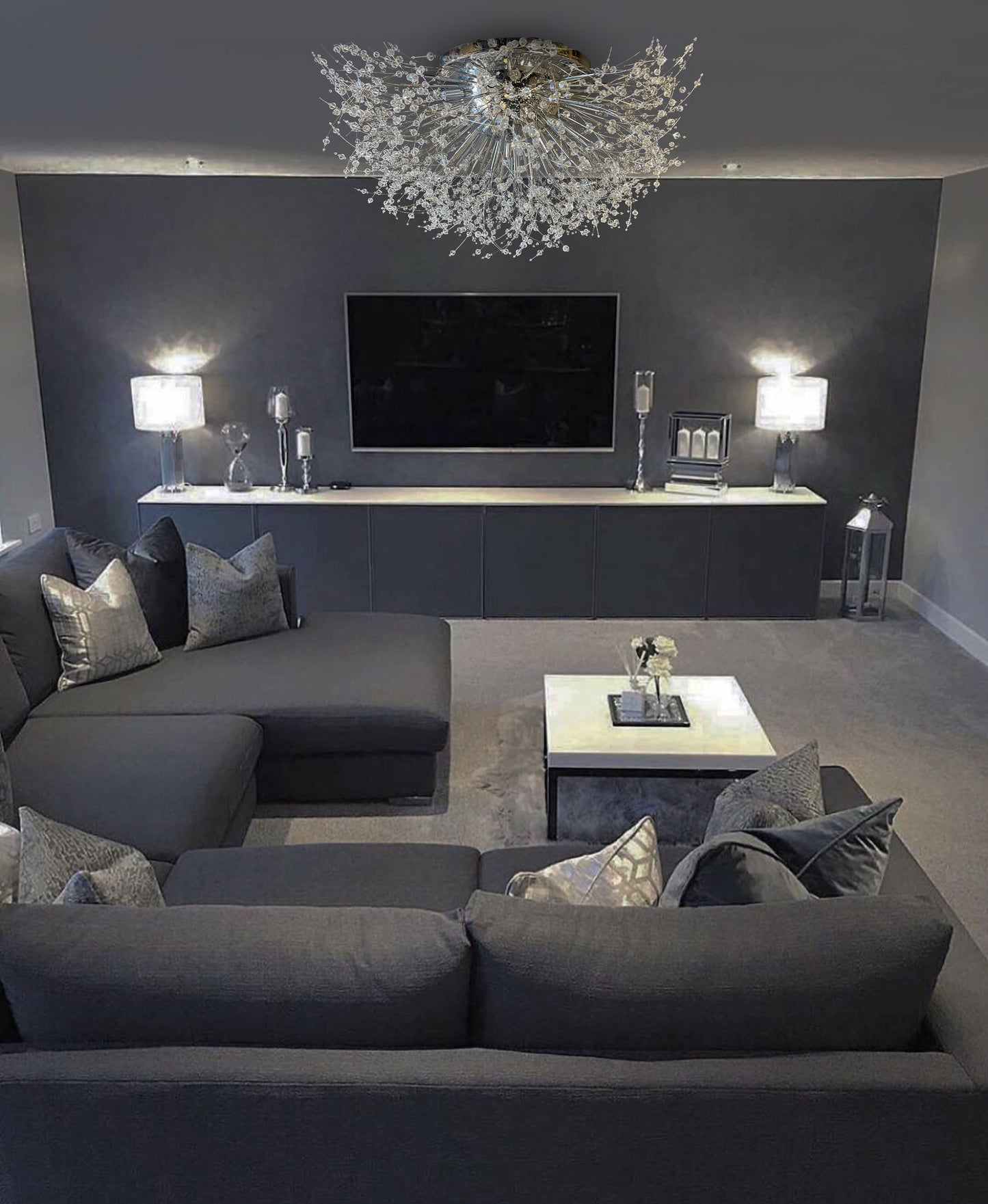 30 inch dimmable chrome crystal chandelier above luxury seating area