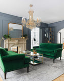 35 inch Gold crystal chandelier illuminating classic living room interior with green sofa.”